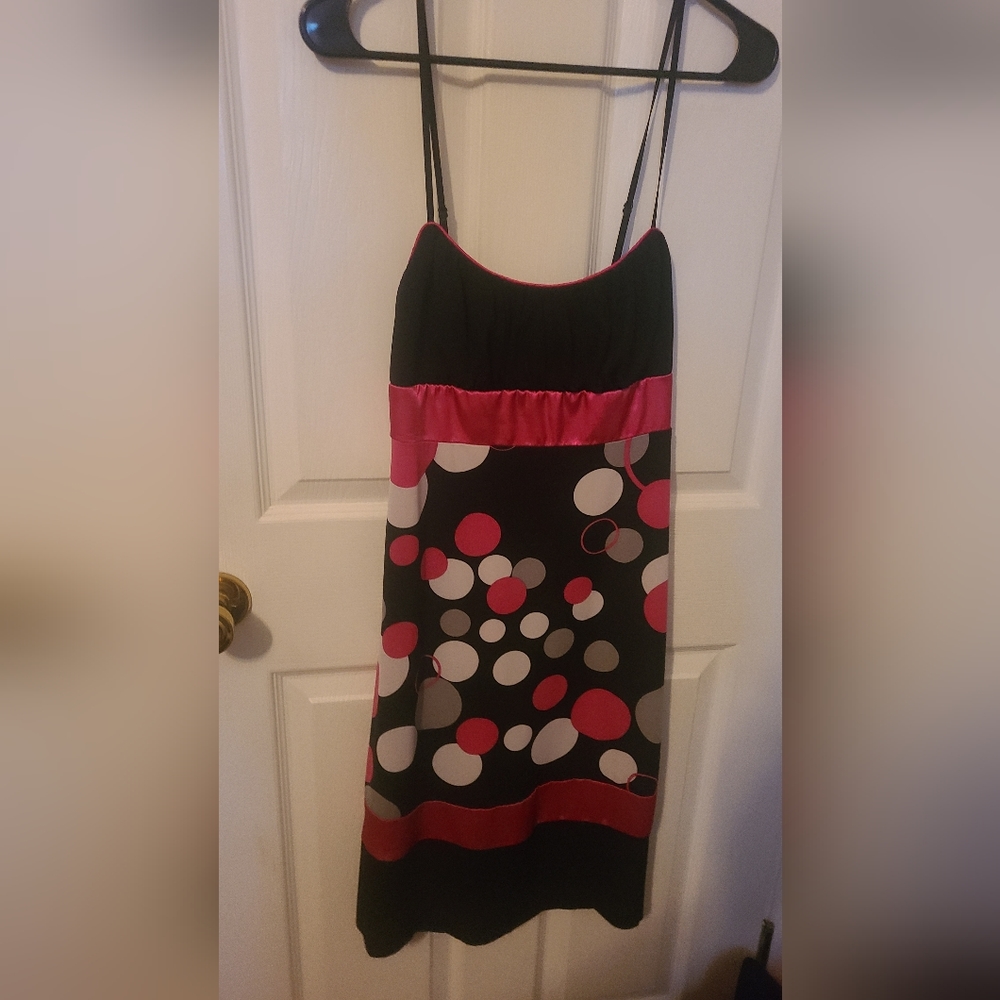 Trixxi dress size L pink grey white polka dots on black.